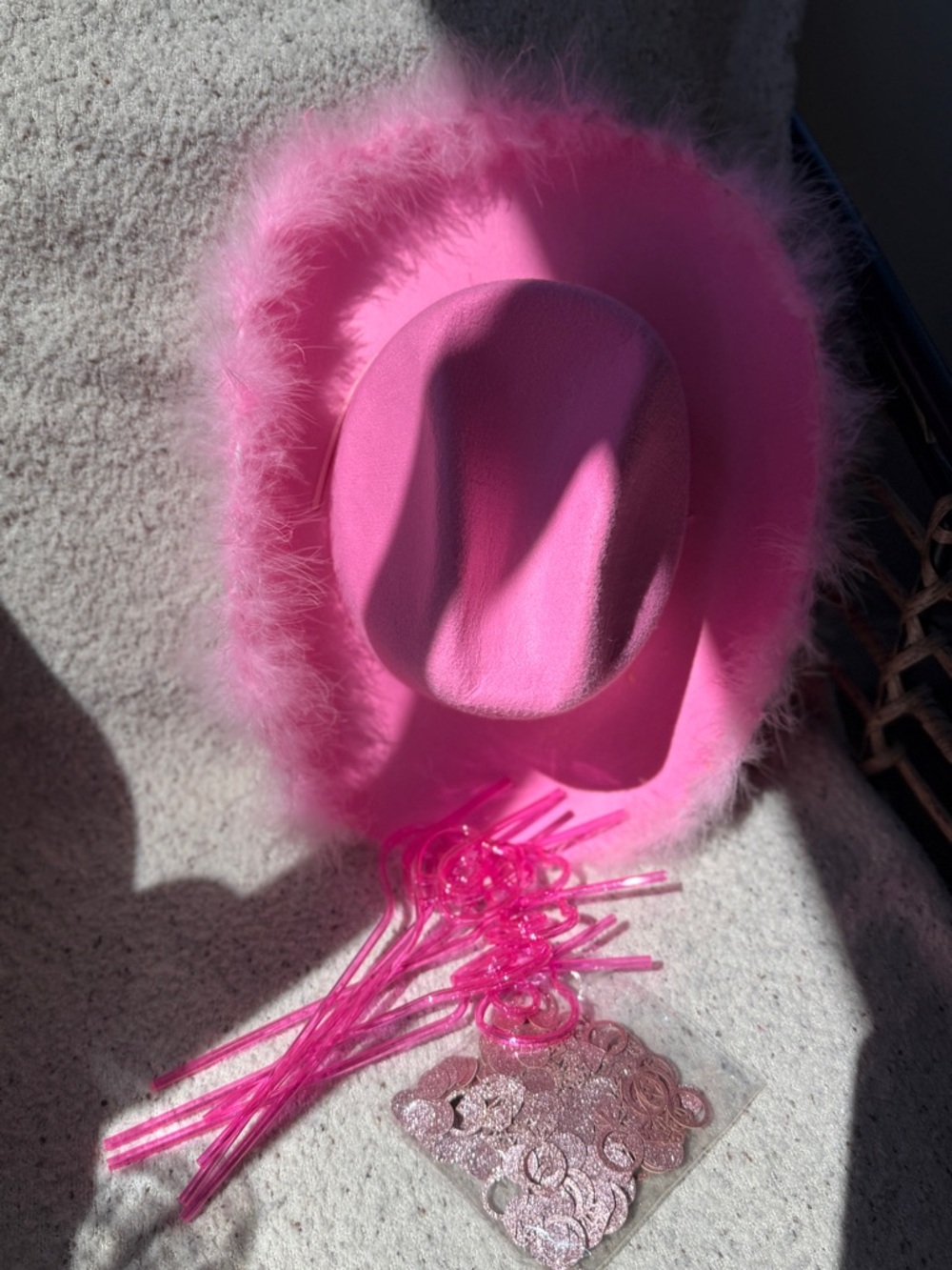 Pink Feather Trim Cowgirl Hat and Bachelorette Decorations